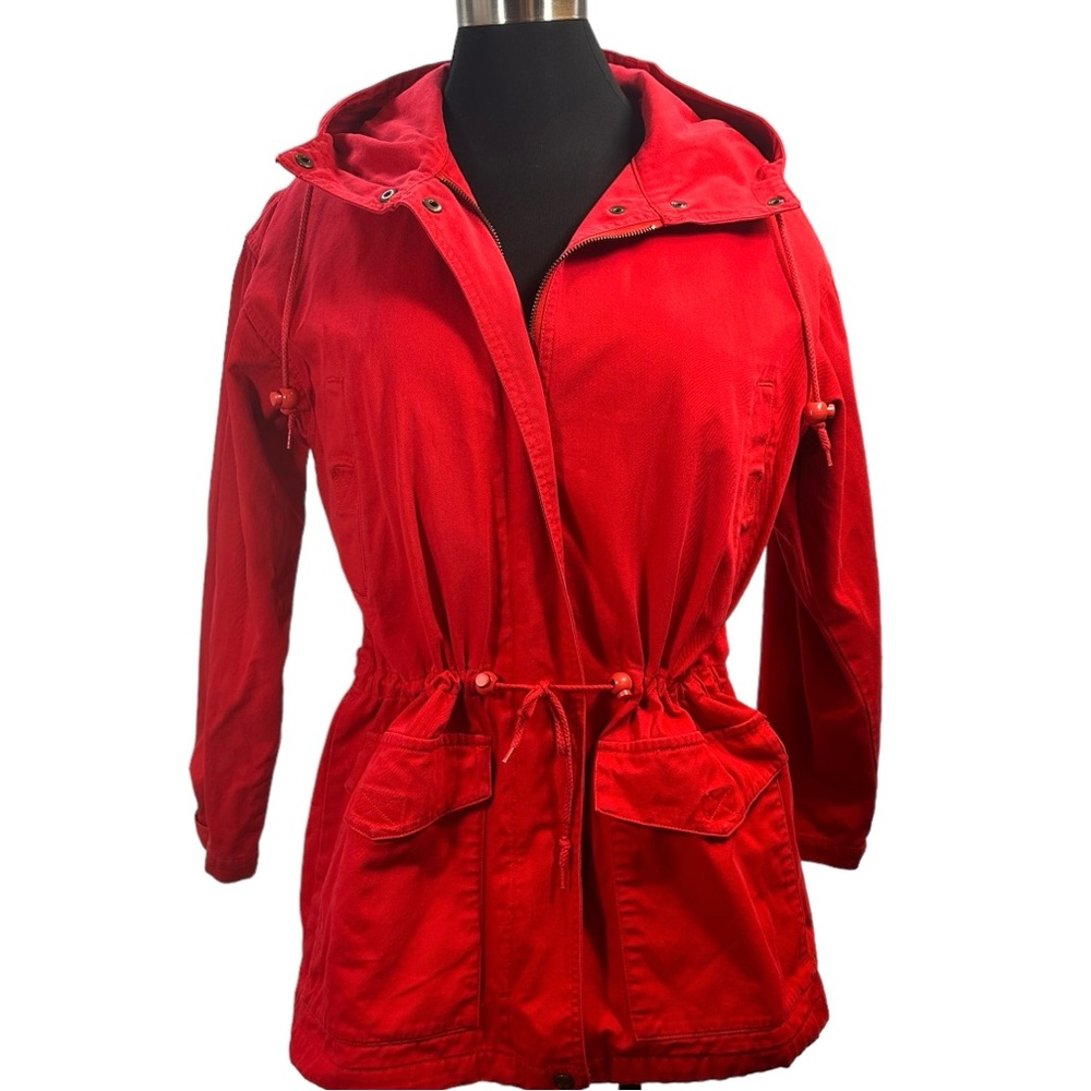 Vtg 90s Eddie Bauer Red Cotton Canvas Drawstring Zip Jacket Raincoat Marine sz M